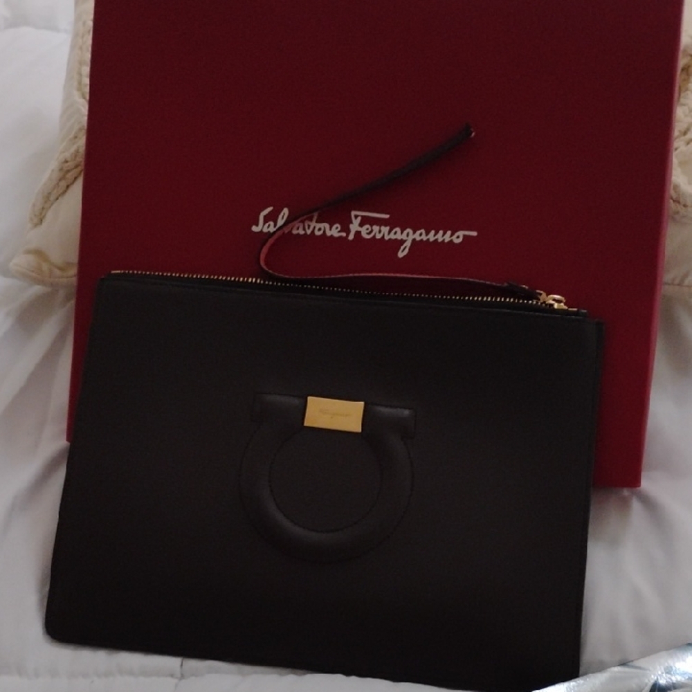 Salvatore Ferragamo Brown Leather Wristlet Clutch with Gancini Detail